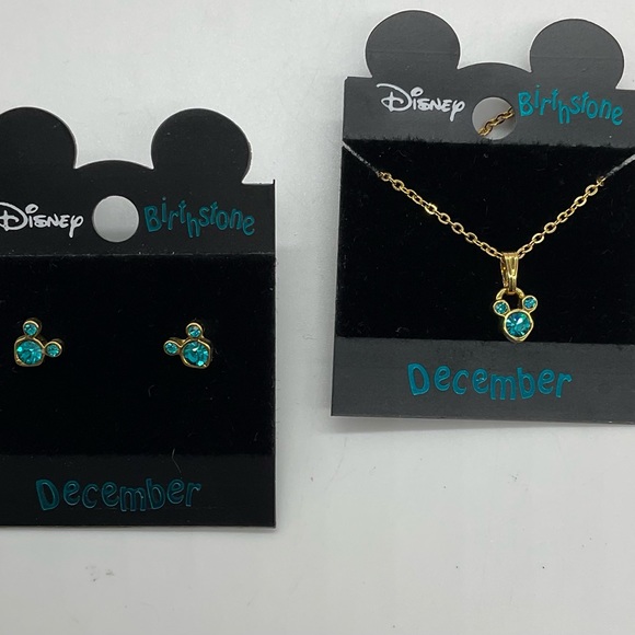 NWT DISNEY DECEMBER BIRTHSTONE GOLD TONE EARRINGS AND NECKLACE SET